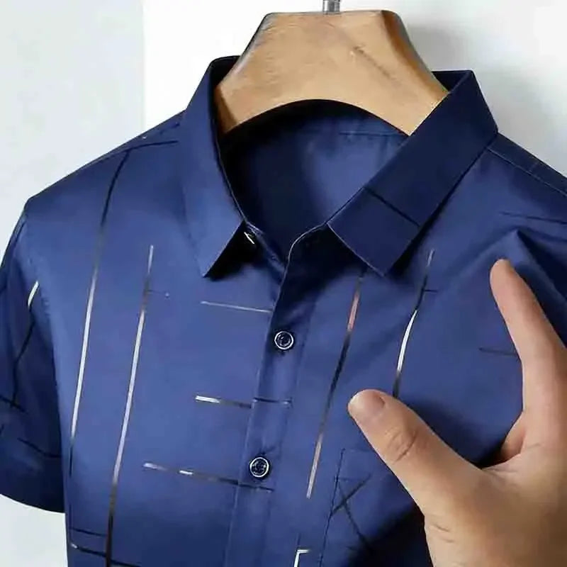 2026 Men's Summer Short Sleeve Shirt Geometric Line Print Business Casual Button-Up with Chest Pocket