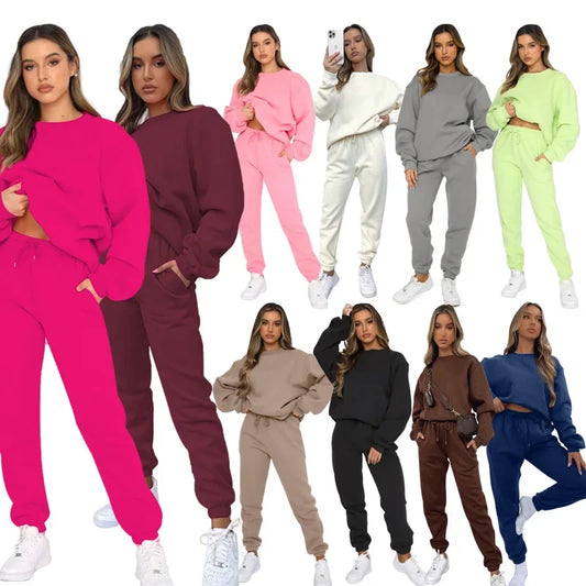 Fashionable Casual Long Sleeve Sweatshirtsuit Women's Clothing Round Neck Pullover Trousers Solid Color Autumn Winter Collection