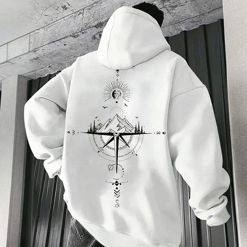 Compass Print Men Women Pullover Hoodie Outdoor Street Casual Fashion Trend Sport Loose Autumn Winter Warm Sweatshirt Clothing