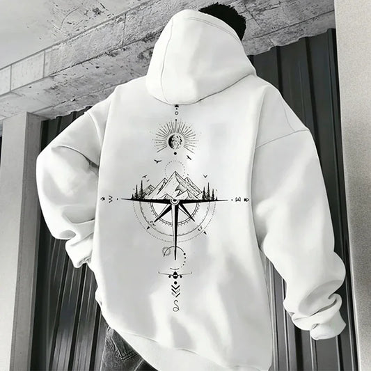 Compass Print Men Women Pullover Hoodie Outdoor Street Casual Fashion Trend Sport Loose Autumn Winter Warm Sweatshirt Clothing