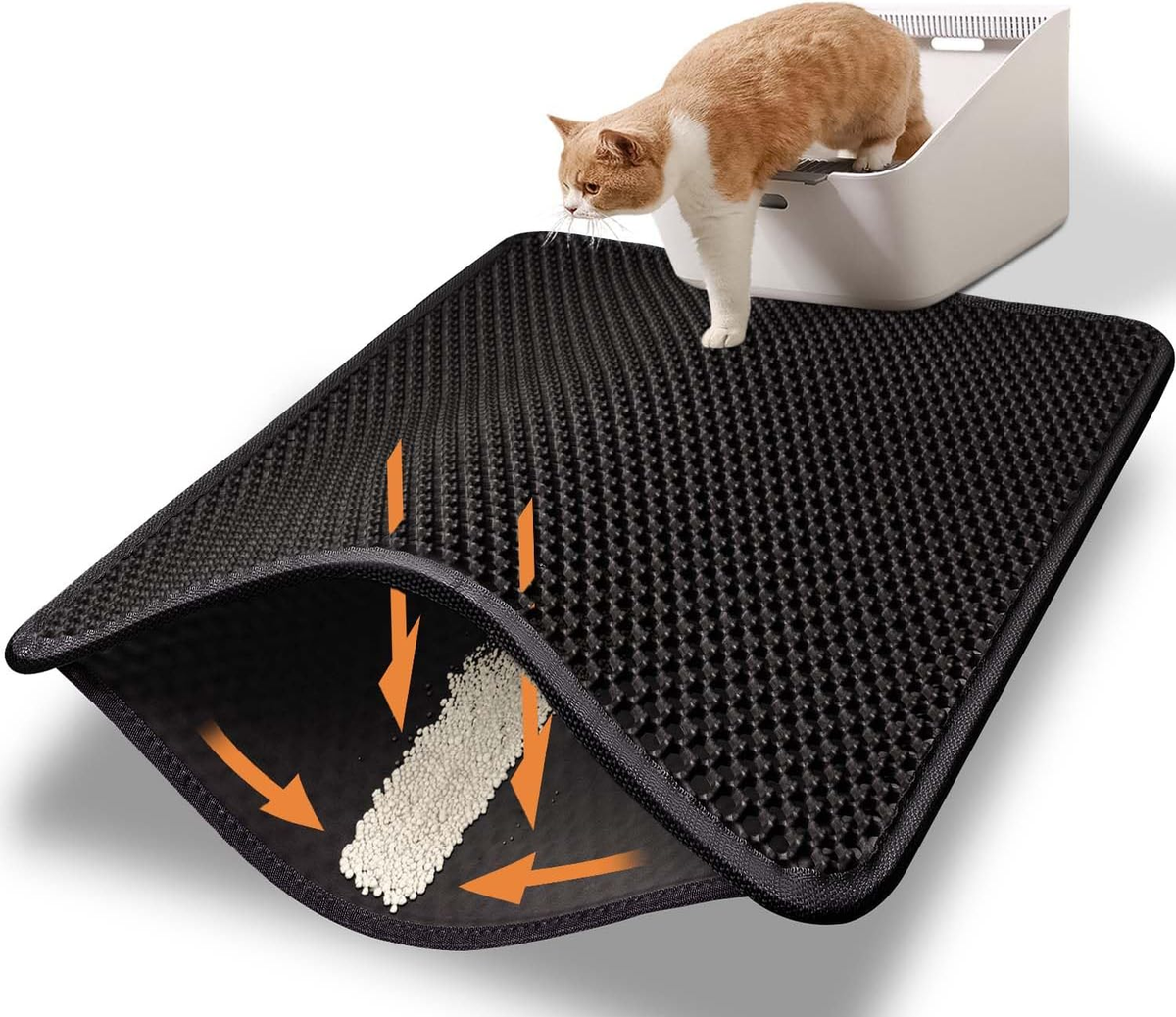 Cat Litter Mat Litter Box Mat, EVA Honeycomb Double Layer Design, Urine & Waterproof, Scatter Control Kitty Litter Mat, Less Waste, Easier to Clean,Washable, Black